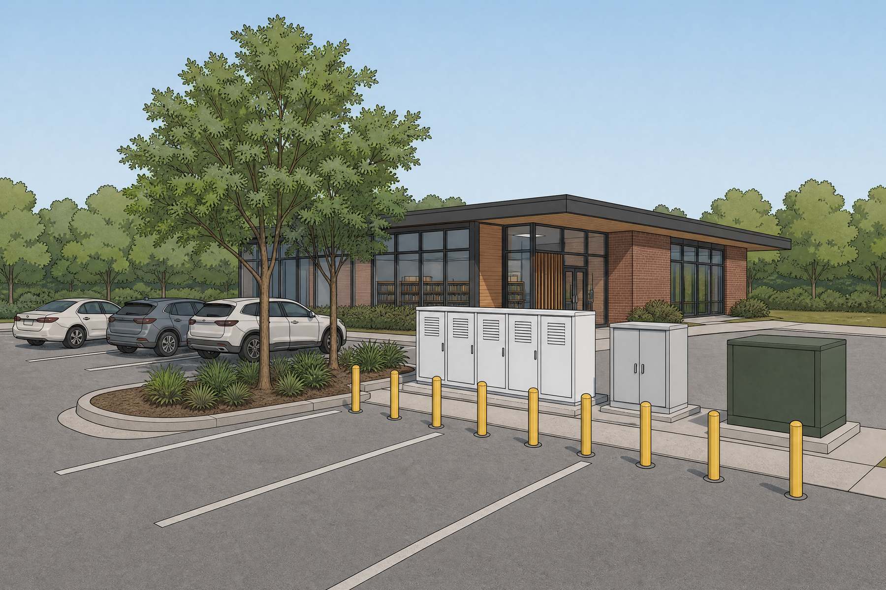 Illustration of battery cabinets beside a parking lot with a plain green transformer cube and bollards