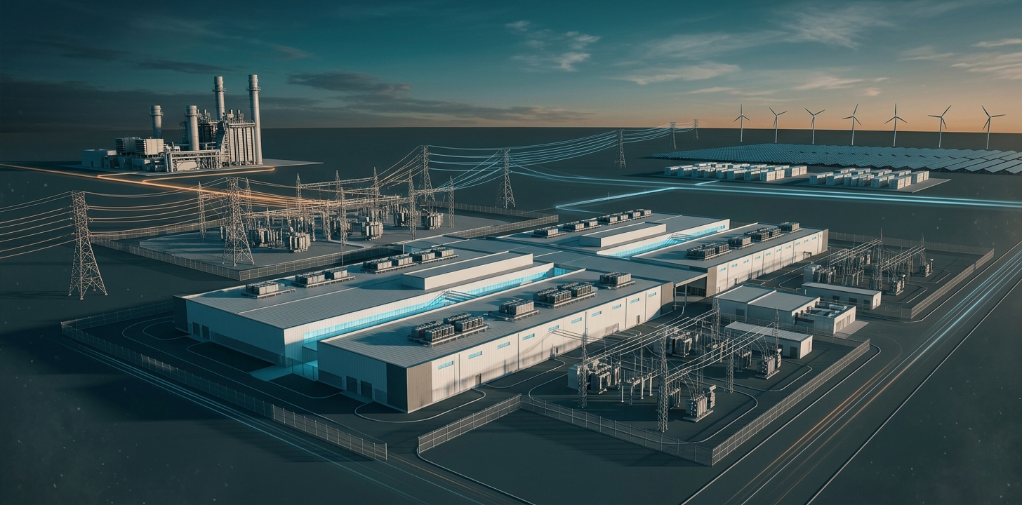 Hyperscale data center campus with adjacent grid infrastructure and clean energy generation