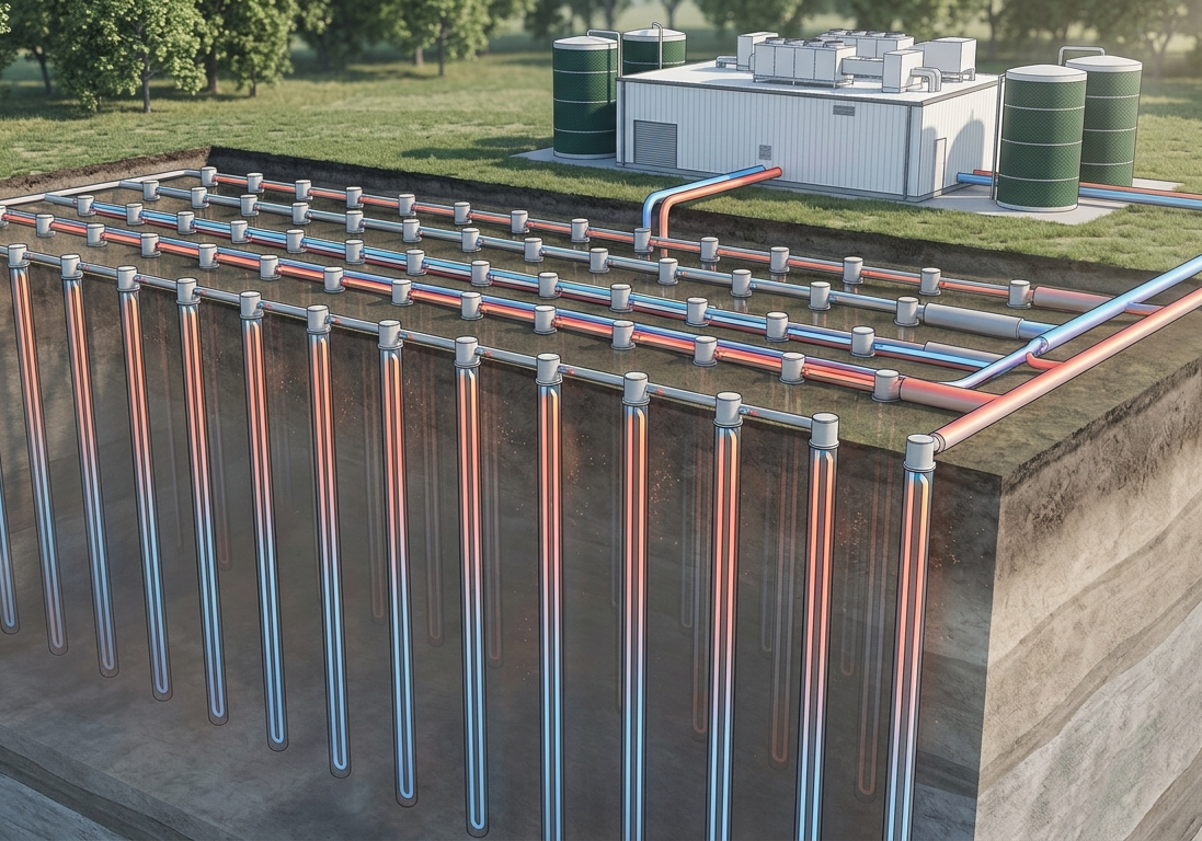 District geothermal bore field connecting to central thermal plant