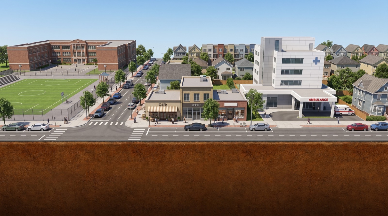 Rendered streetscape of Vandalia, Illinois showing the school, downtown storefronts and hospital above a cutaway section through the ground where the geothermal borefield sits