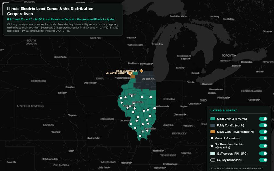 Map of Illinois wholesale load zones overlaid with electric cooperative territories
