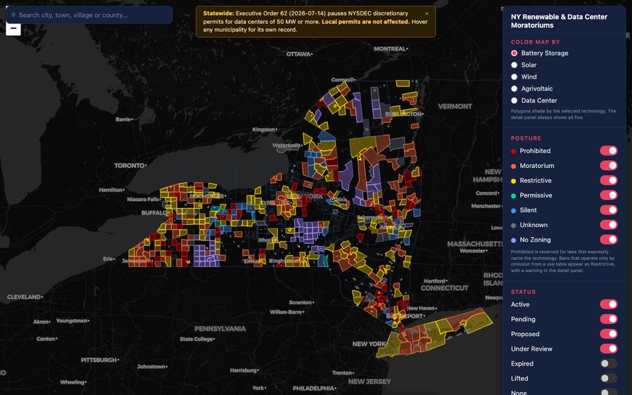 Map of New York municipalities with renewable energy and data center moratoriums
