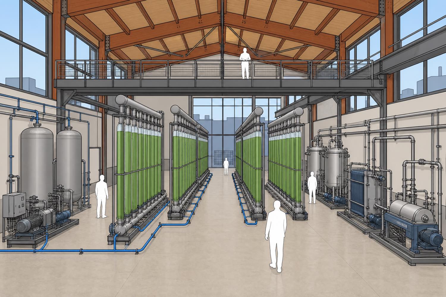 Stylized architectural interior perspective of an algae photobioreactor hall with four parallel rows of tall vertical tubular columns filled with green culture, mounted in steel frames under an exposed glulam roof, with carbon dioxide sparge lines running to compressor and buffer vessels along one wall, downstream centrifuge and extraction equipment along the other, and white silhouette figures for scale