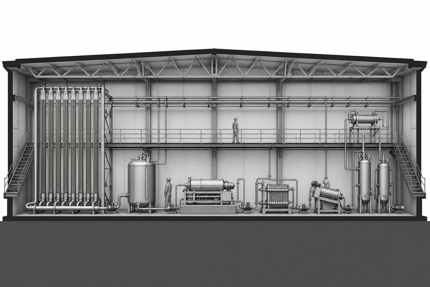 Monochrome longitudinal section through an algae harvesting and dewatering building, showing tubular photobioreactor columns at the left feeding a buffer tank, then a disc-stack centrifuge, a plate-and-frame membrane dewatering unit, a screw press, and finally two extraction and separation vessels, with vessel diameters decreasing left to right and a mezzanine walkway above