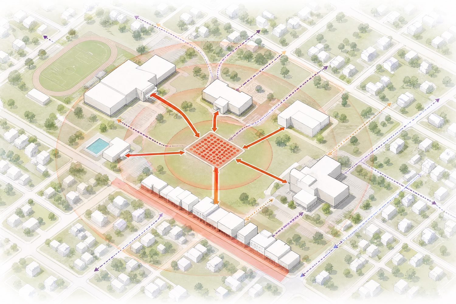 Aerial axonometric urban design framework diagram of a small town district, with white extruded building volumes, coral and orange arrows radiating from a marked borefield zone outward to each anchor building, a coral active edge band along the main street, dashed circulation arrows continuing into the residential blocks, and concentric translucent rings indicating phased build-out
