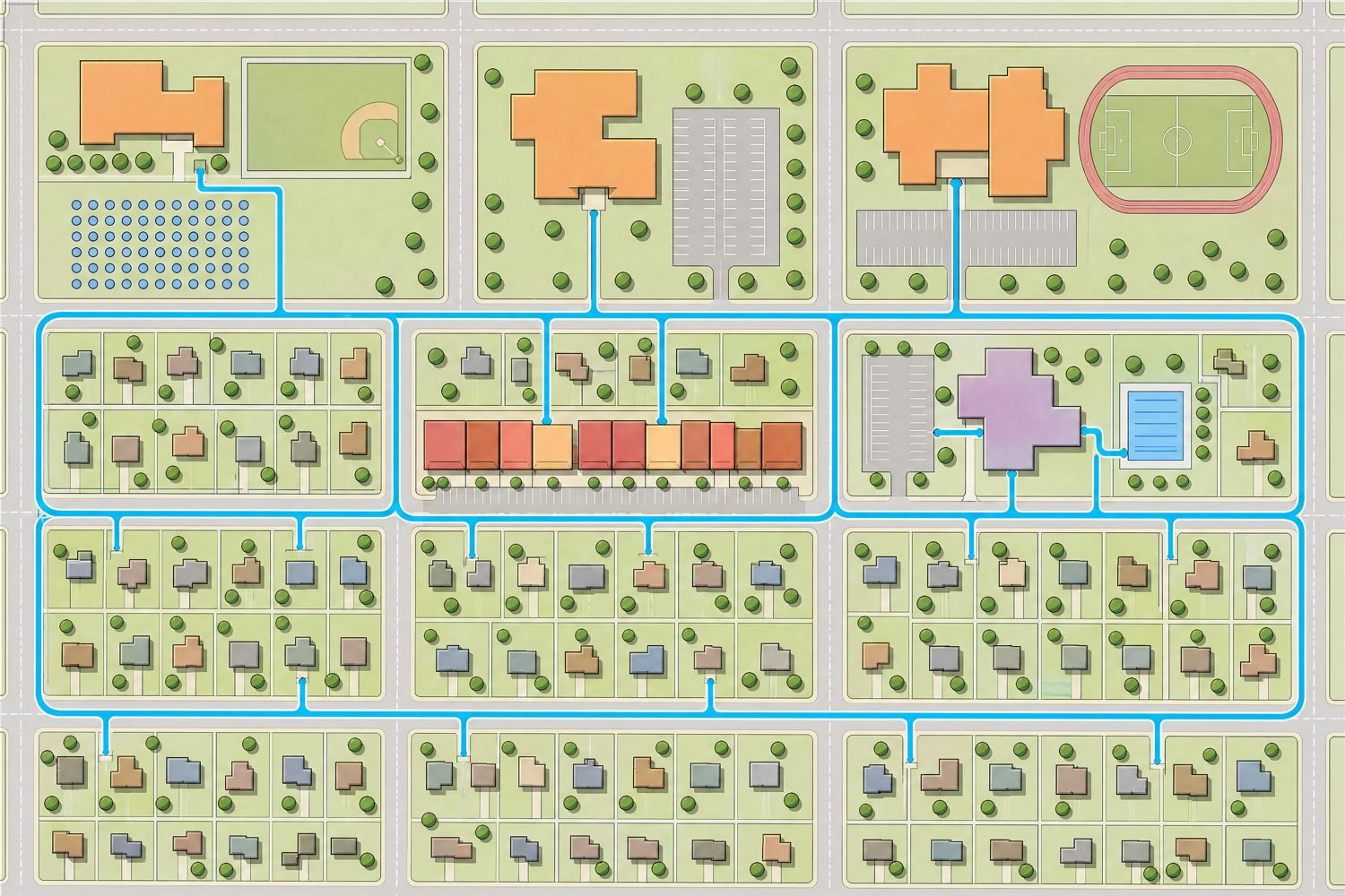 Flat illustrative master plan of a small midwestern town district showing three schools, a hospital, a community swimming pool, a main street commercial row and surrounding residential blocks, with a rectangular borefield drawn as a grid of small circles and a continuous cyan thermal distribution loop running through the streets connecting every anchor