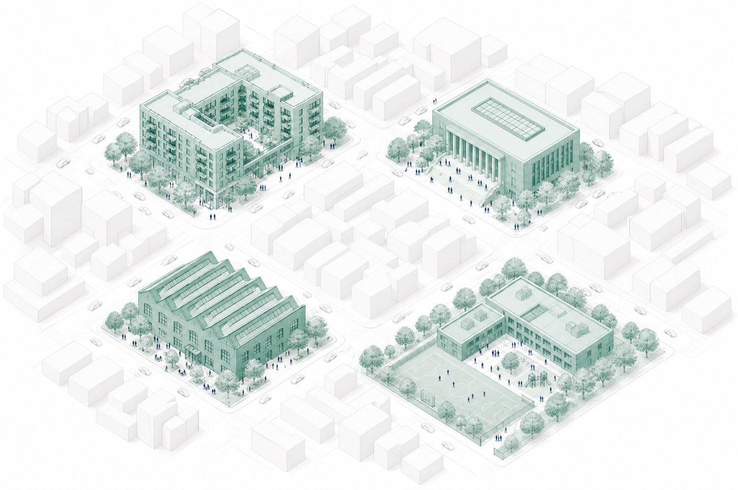 Axonometric massing diorama of a city district in which four physically separate buildings on different blocks are tinted teal while all surrounding context buildings are ghosted white: a mixed-use apartment block, a civic library with a colonnade, a converted sawtooth-roof warehouse, and a school with a playfield