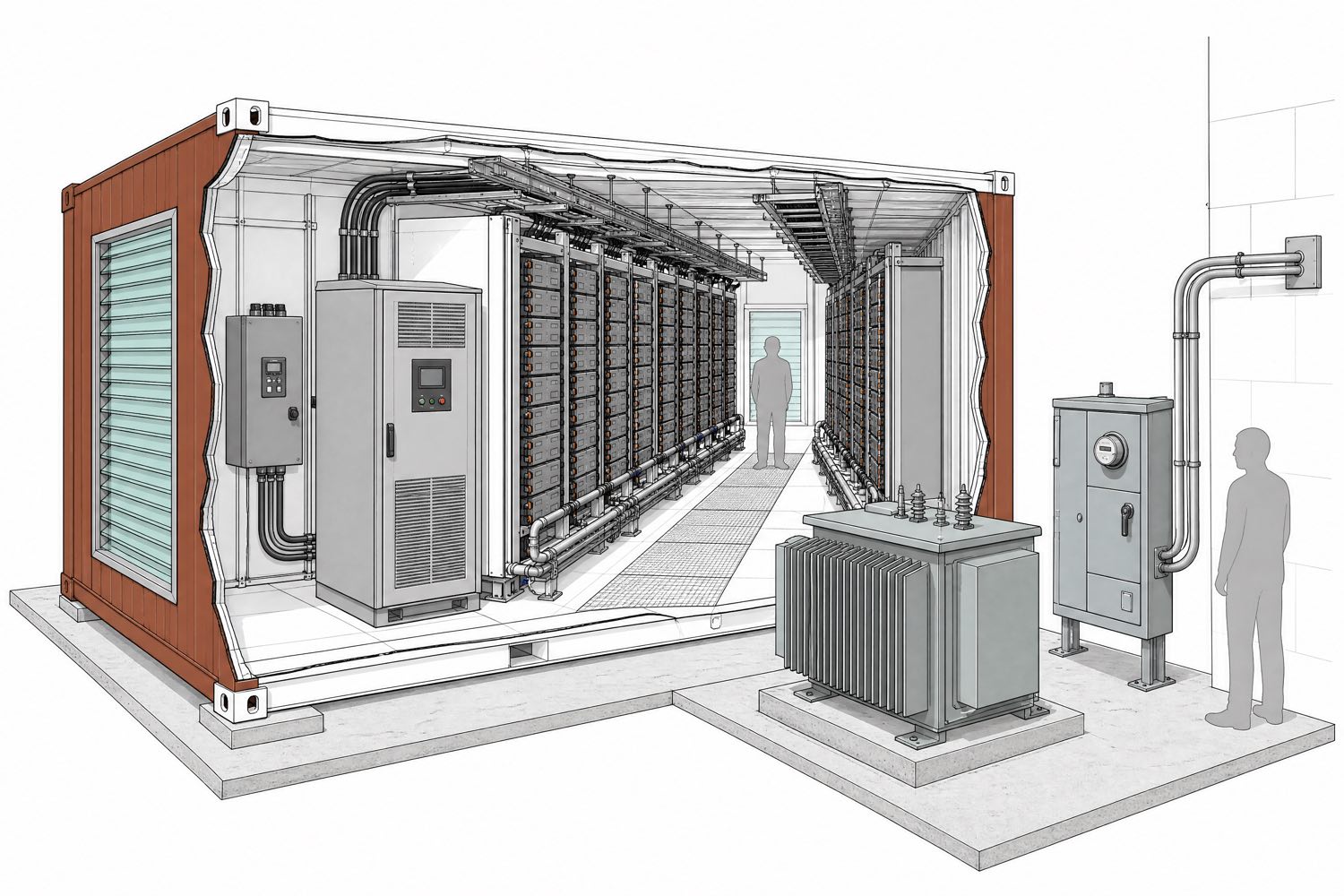 Cutaway perspective drawing of a commercial battery enclosure showing two facing rows of battery rack cabinets with stacked module trays, a central service aisle, a power conversion system cabinet, control panel, overhead cable trays and liquid cooling pipework, with a pad-mounted transformer and metered service switchboard outside connecting by conduit into the wall of the adjacent host building