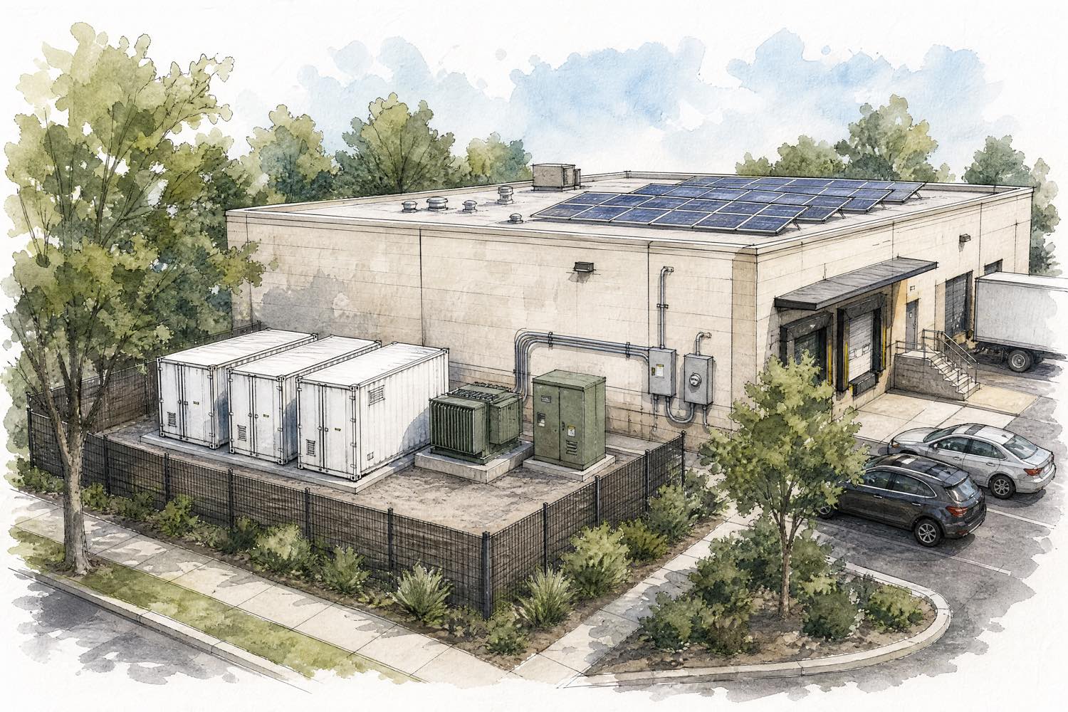 Watercolor and ink concept sketch of three battery enclosures on a concrete pad in the rear service yard of a New Jersey light-industrial building, with a pad-mounted transformer, switchgear, conduit running into the building wall beside its utility meter, and rooftop solar above