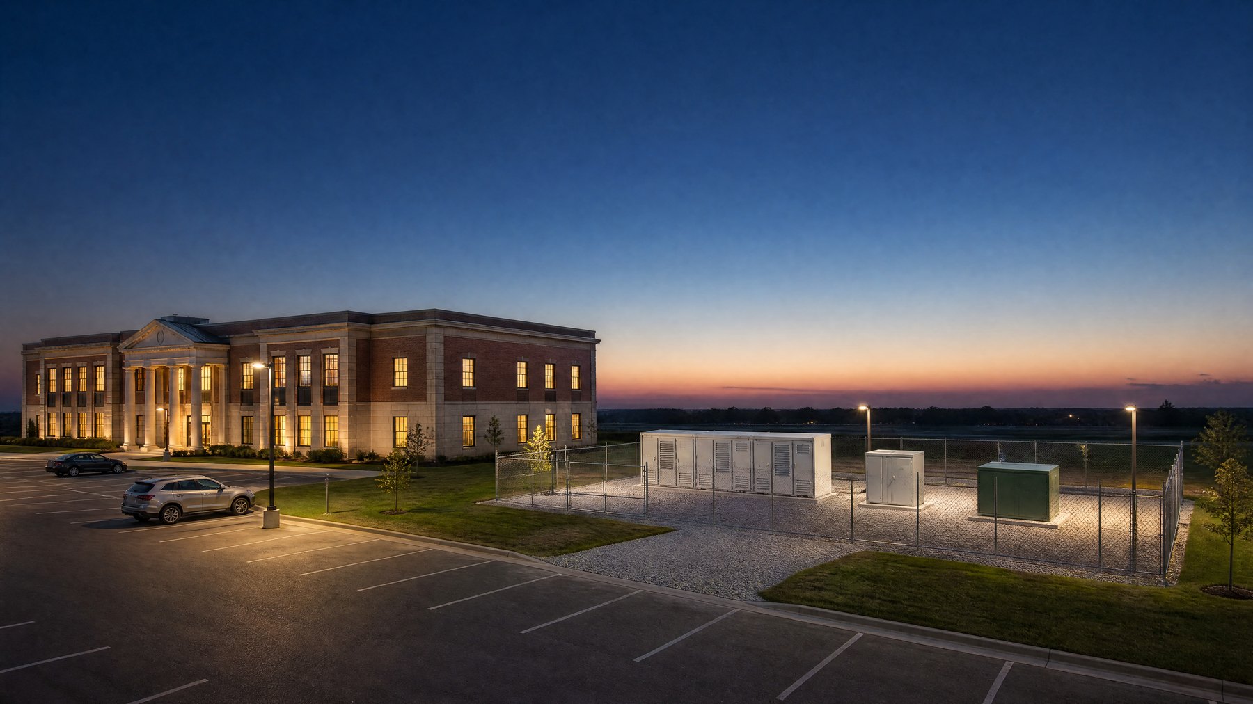 A public building at dusk with its fenced battery yard beside it: one white battery enclosure, one small gray control cabinet and one green transformer on a single straight line, lit and working.