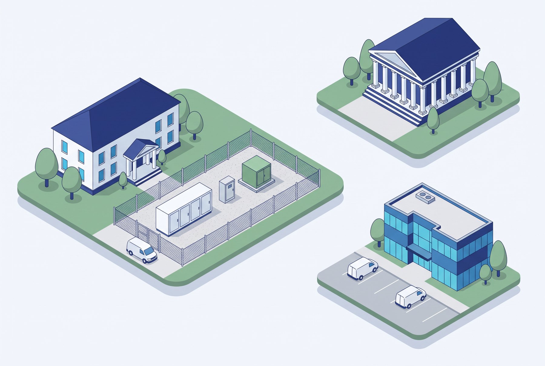 Editorial isometric scene: a city hall with its fenced battery yard, a bank that finances the work, and an energy services company that builds and maintains the battery while the city pays from savings.