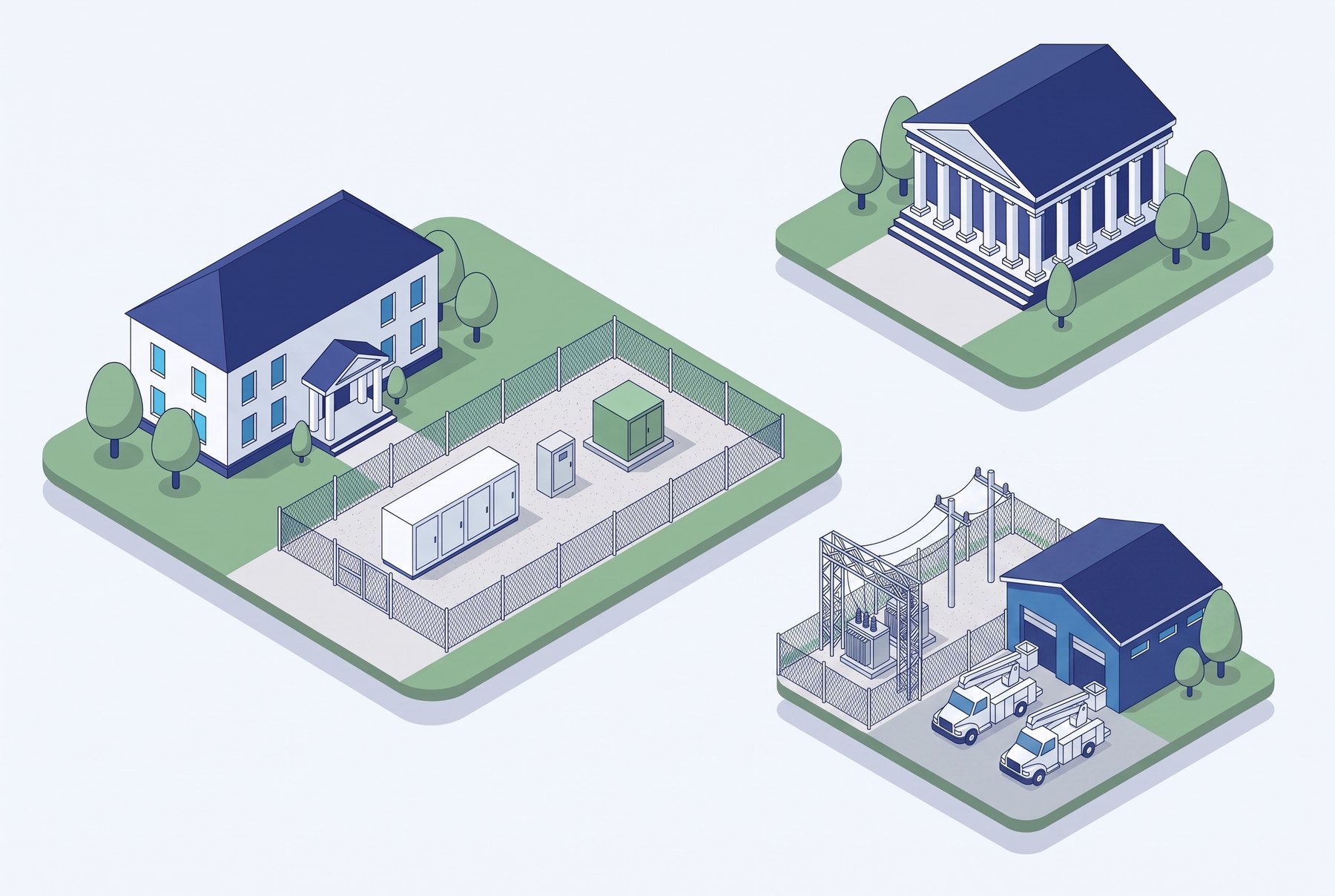 Matched isometric scene: the same city hall and battery yard, with the serving utility's substation and service depot as the contractor.