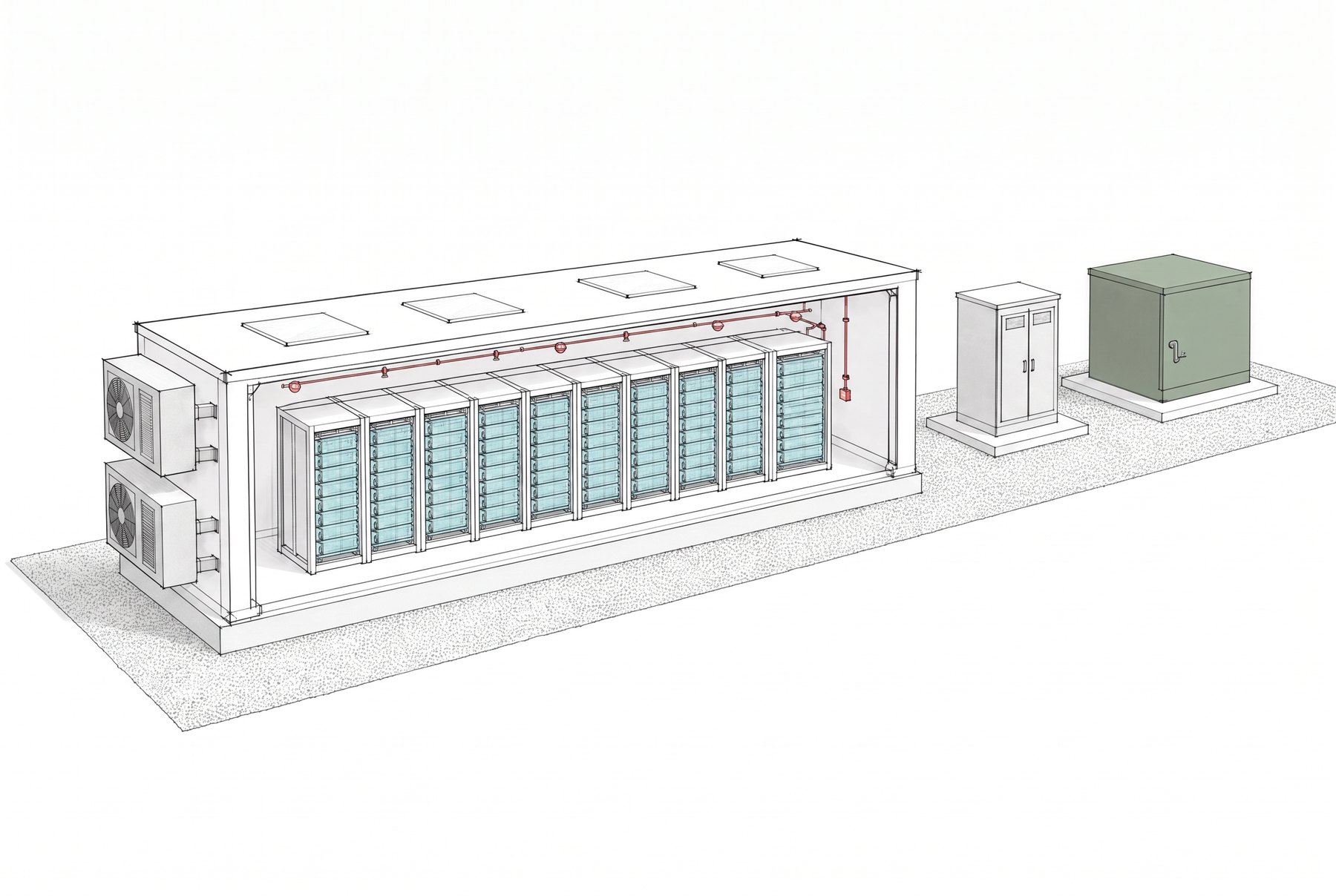 Cutaway of one white battery enclosure showing battery racks, the cooling unit, fire and gas detectors, and roof vent panels.
