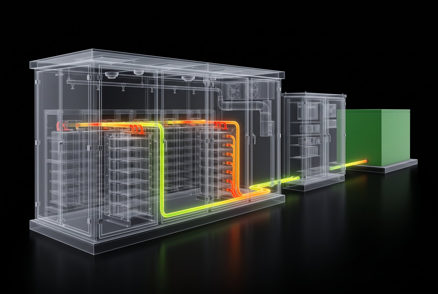 The same battery enclosure drawn as an x-ray: the racks, cooling loop, wiring and safety systems that sit behind the closed doors.