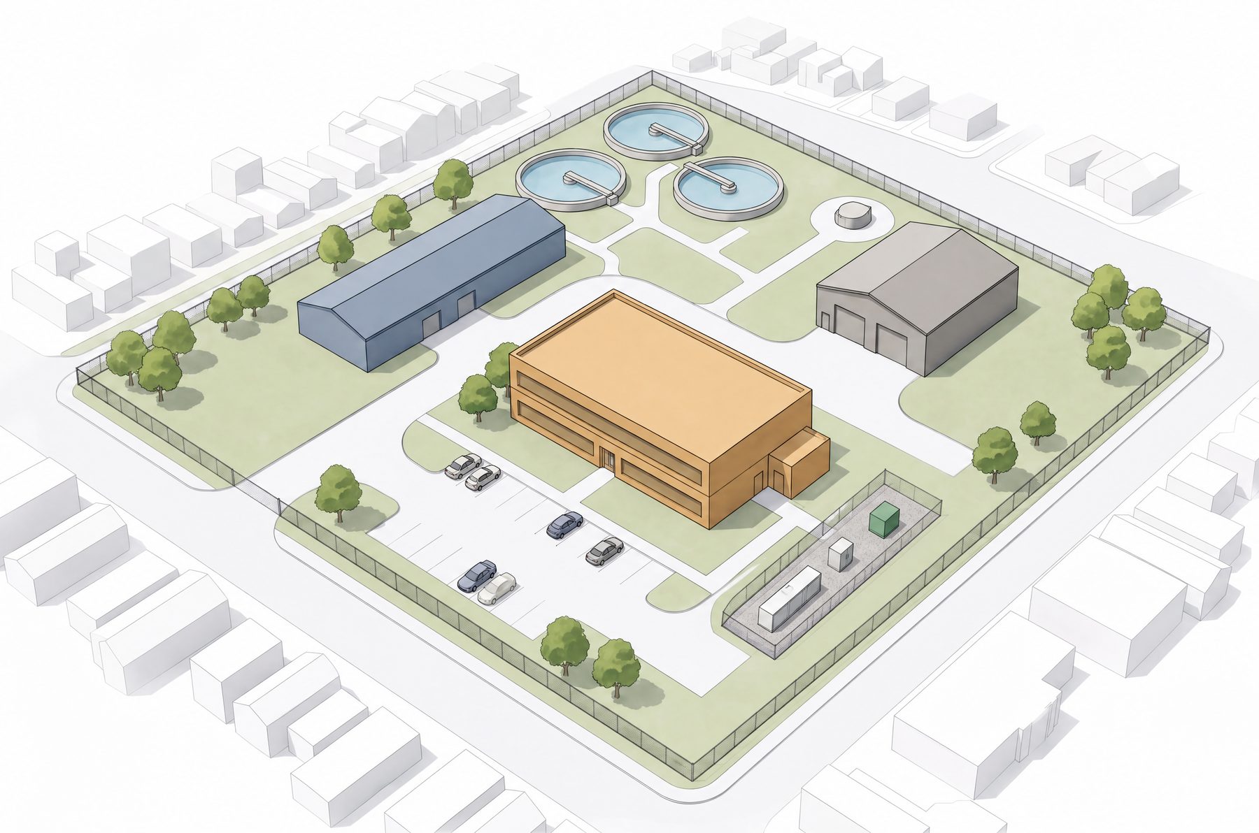 Axonometric view of a city water plant and public works yard with a fenced battery yard placed near the plant's electrical service, away from the street.