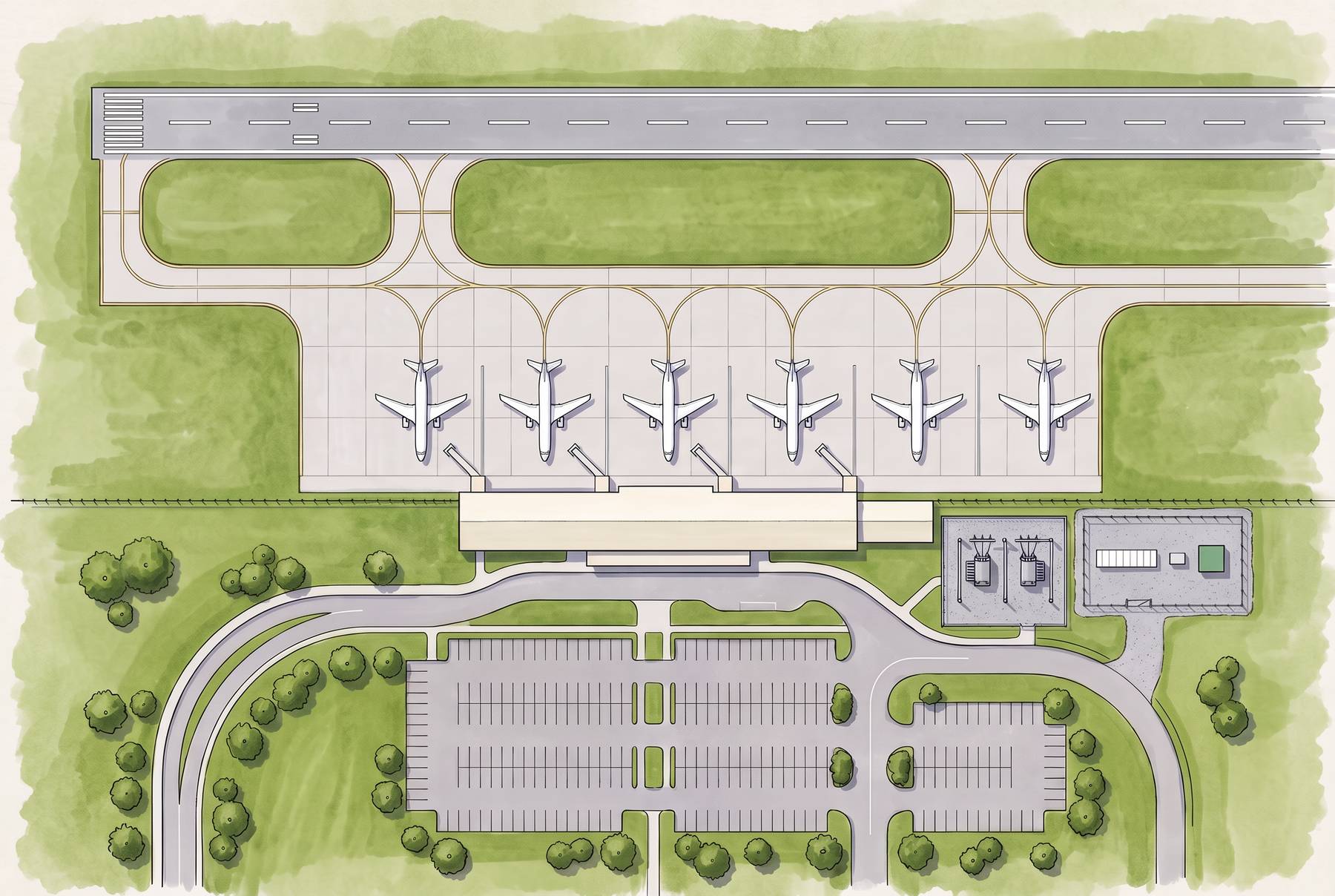 Illustrative airport master plan: the battery yard sits landside, away from the airfield, next to the terminal substation and a parking structure.