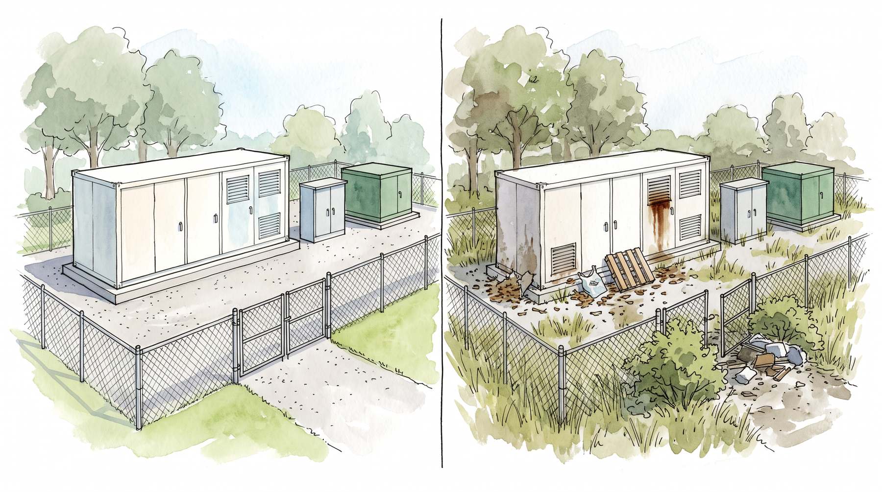 The same battery yard drawn twice. Year 1: clean pad, clear fence line, doors shut, gravel raked. Year 15 without care: weeds through the gravel, rust on the doors, a damaged vent, a blocked gate.