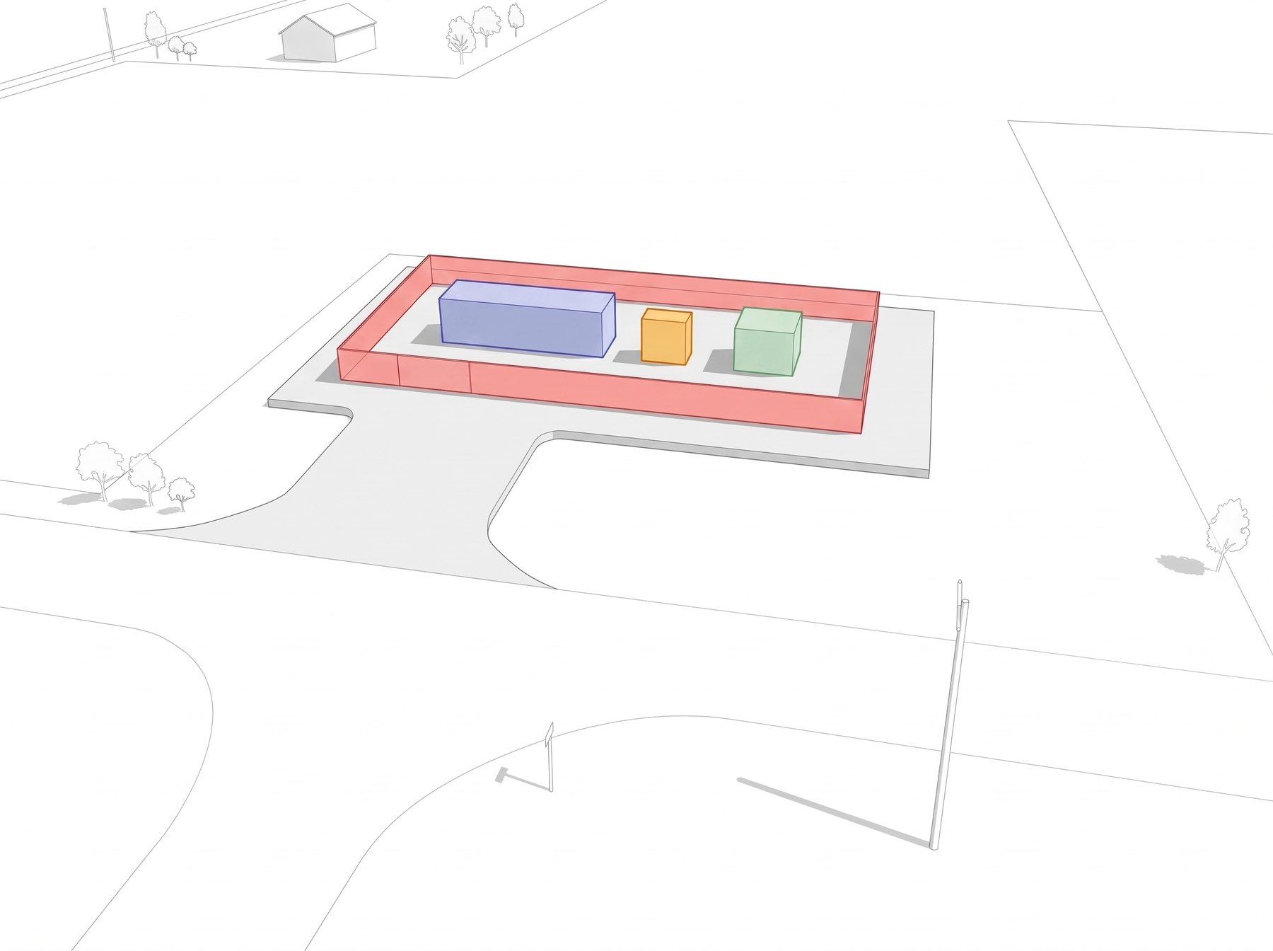 Massing model of a container battery site in plain colored blocks: enclosure, cabinet, transformer, fence and access drive.