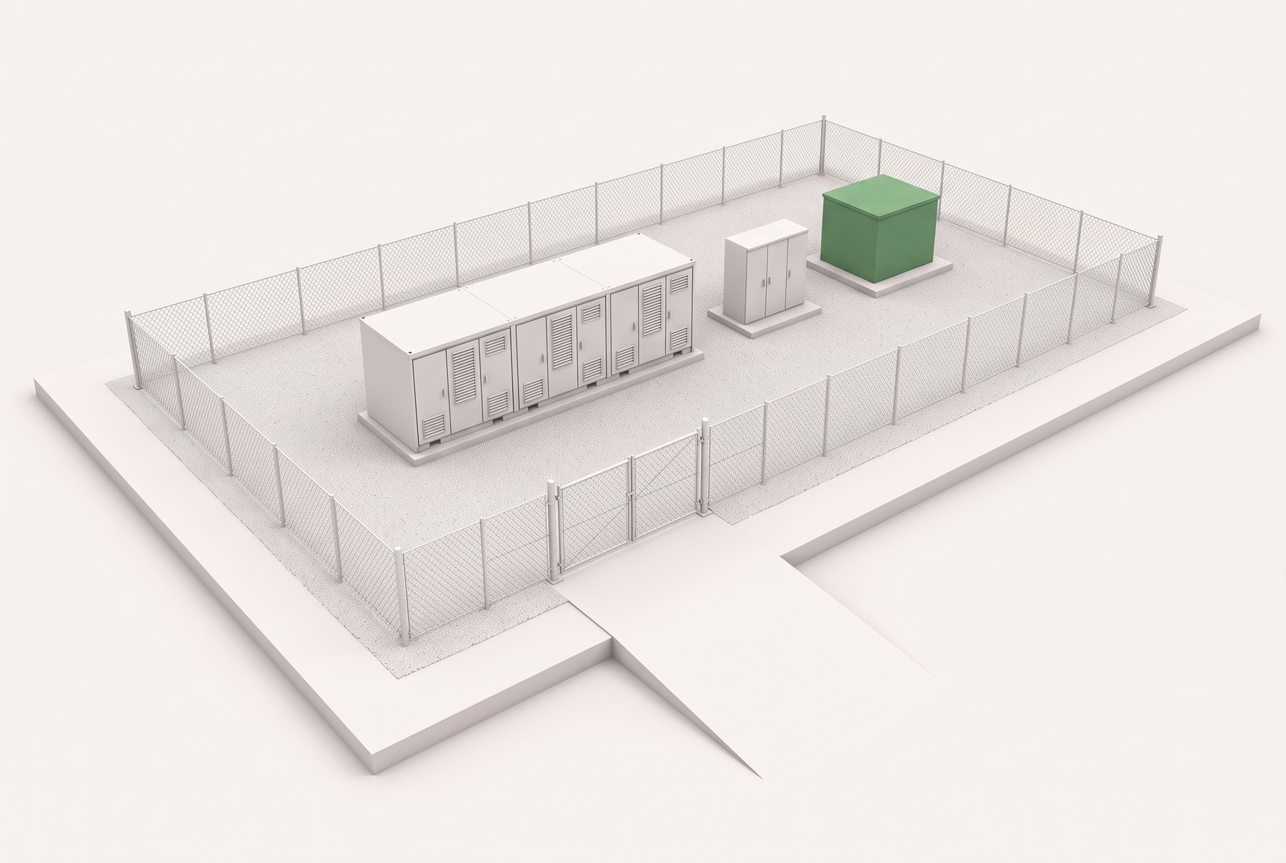 Clay model of the three-piece battery set on one straight line: a white enclosure on a low plinth, a small gray cabinet and a plain green transformer cube.