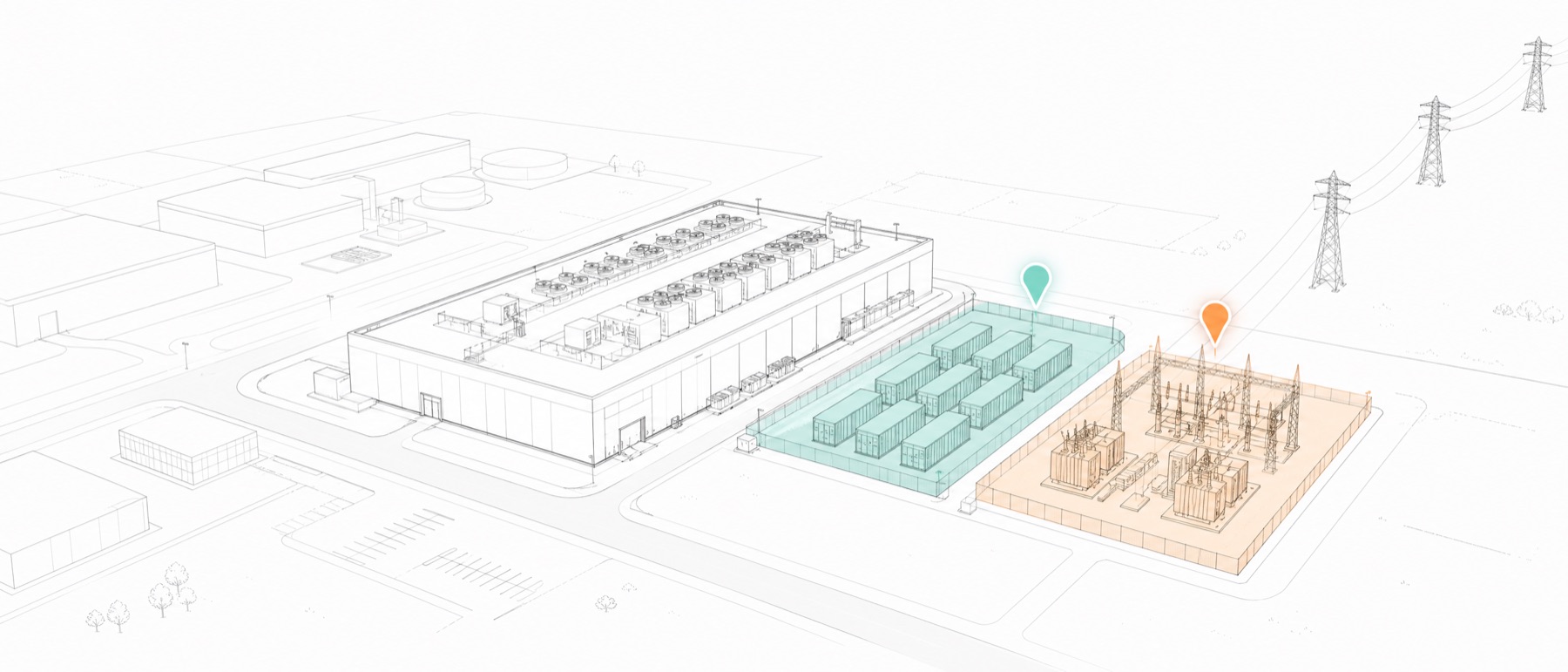 Aerial wireframe illustration of a data center with an adjacent battery storage yard and substation sharing one transmission interconnection