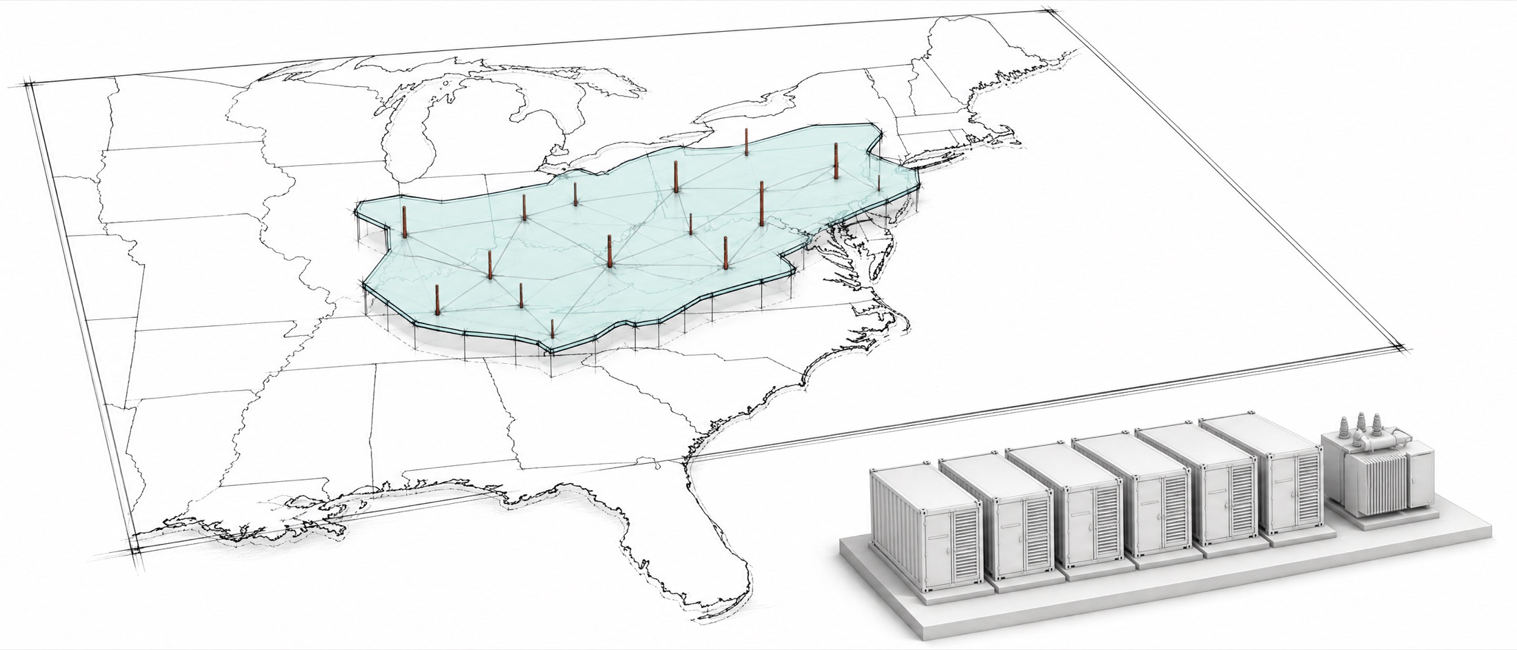 Hand-drafted perspective drawing of the eastern United States with the PJM territory raised above the map as a translucent teal panel, transmission nodes rising from it, and a white clay model of a utility-scale battery installation in the lower right corner