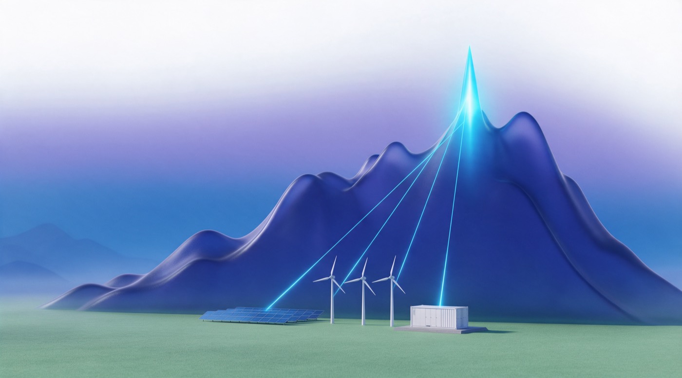 Statewide load curve drawn as a mountain with one glowing peak hour, fed by solar, wind and a battery