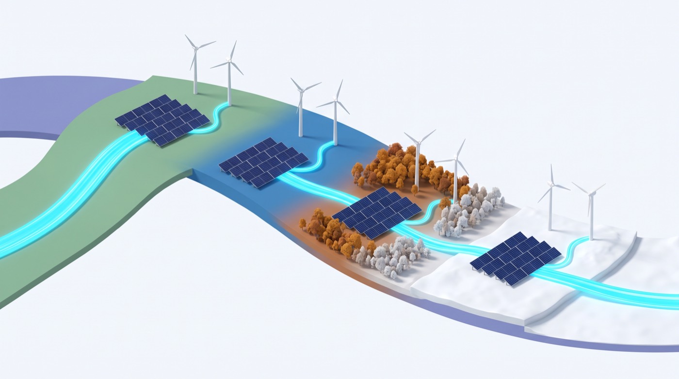 One unbroken ribbon of energy flows from the same solar array and wind turbines through spring, summer, autumn and winter