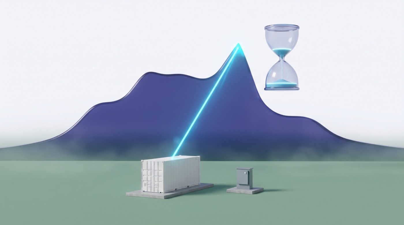 A battery container and a transformer on a plain; one beam from the battery strikes the single summit of the load curve mountain; an hourglass with one band of sand floats beside it