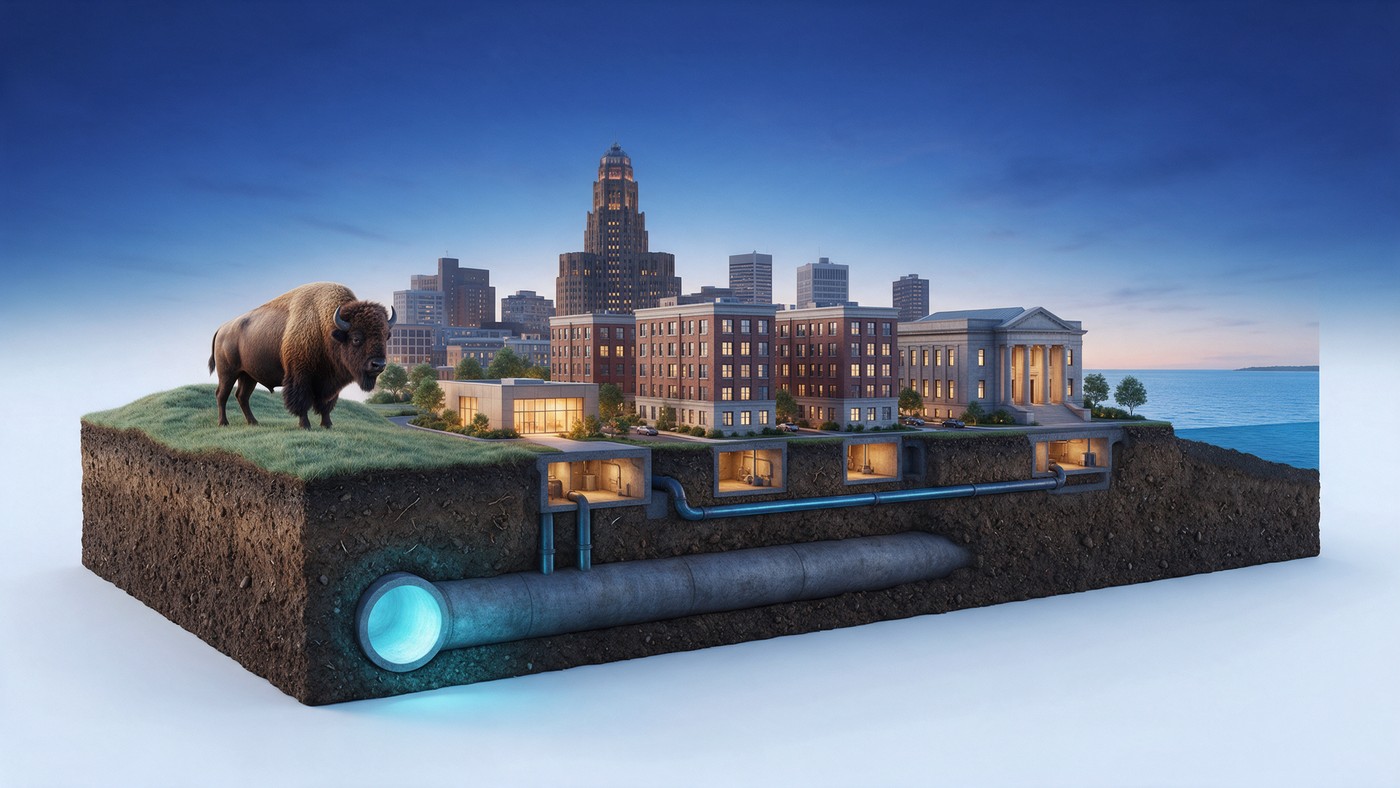Illustration: a bison in front of the Buffalo skyline with City Hall tower and Lake Erie; a large sewer main below the street supplies heat to an energy center and nearby buildings, all piping below grade.