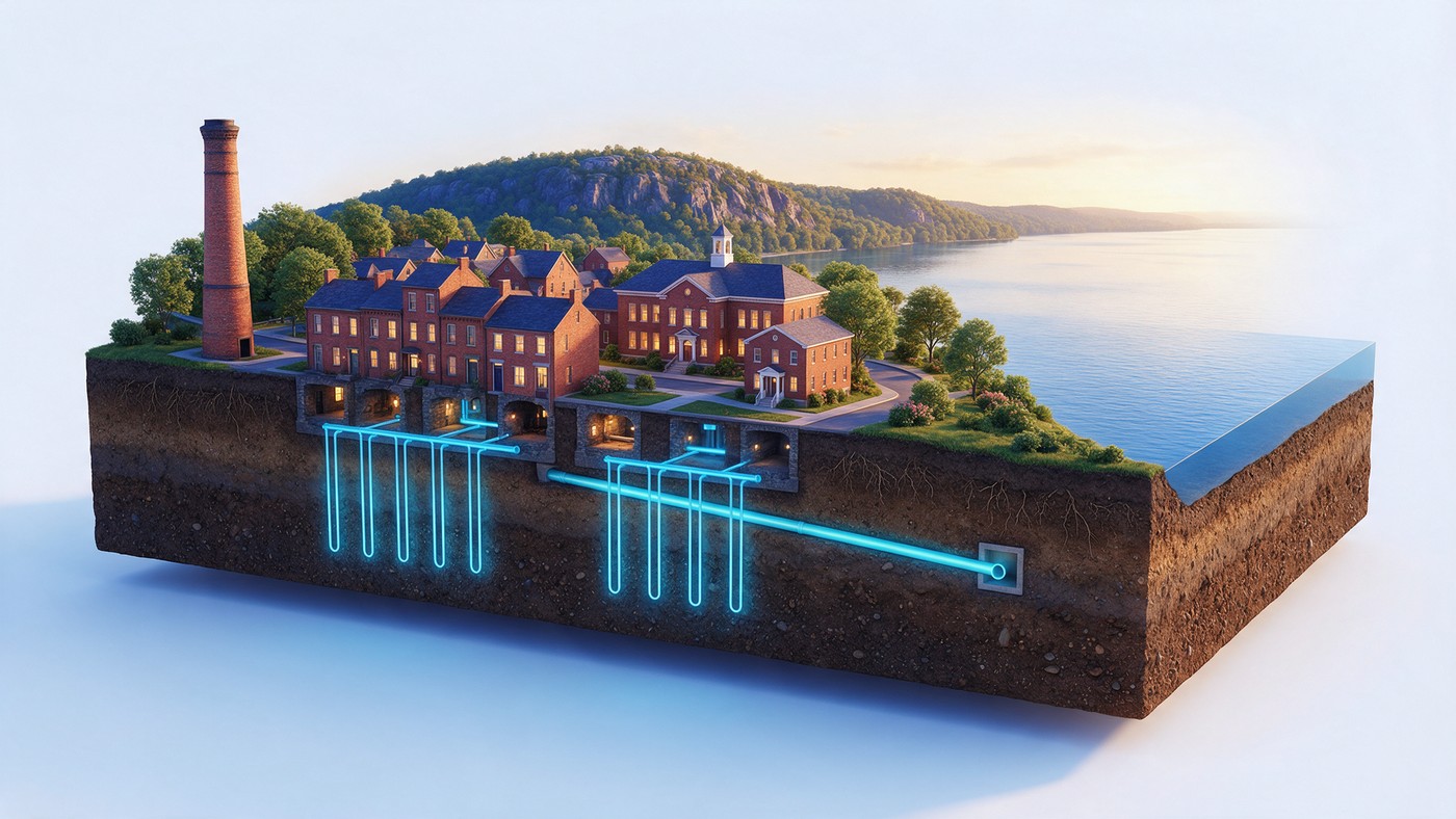 Illustration: Haverstraw's brick kiln stack and brick village beside the Hudson River with High Tor behind; borehole loops and a wastewater main below grade serve the buildings.