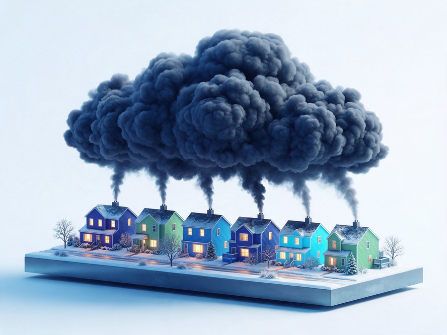 Illustration: exhaust from gas furnace flues on a row of homes merges into one heavy dark carbon cloud hanging over them; stamped $0 damage value.