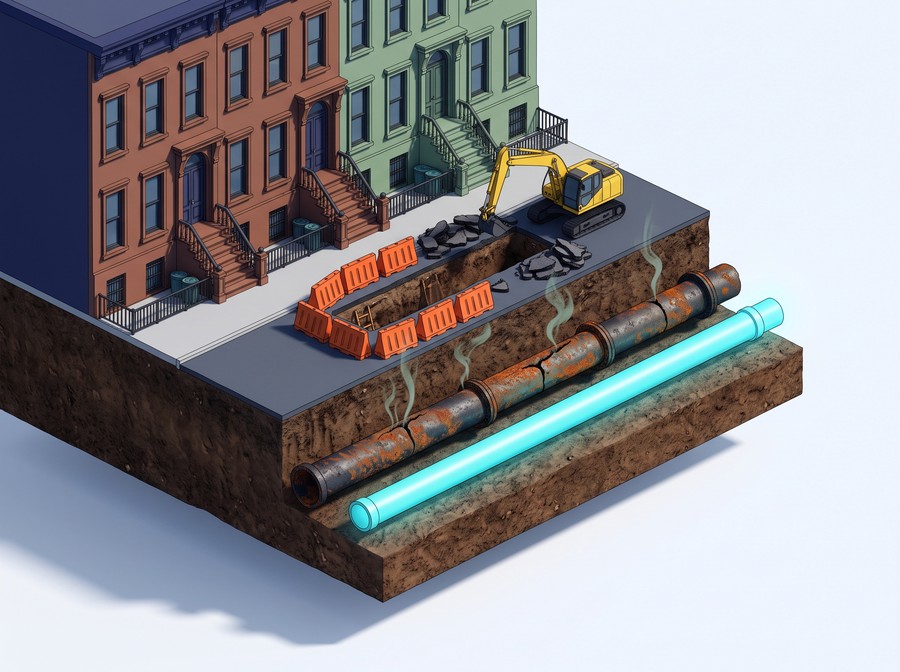 Illustration: an old, cracked, leaking cast-iron gas main below the street beside a clean new pipe, with a costly street dig above; stamped $0 credit.