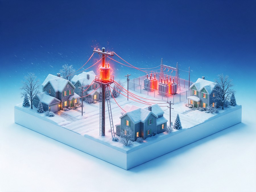 Illustration: a snowy street on a winter night with an overloaded pole transformer and substation glowing hot; stamped $0 credit.