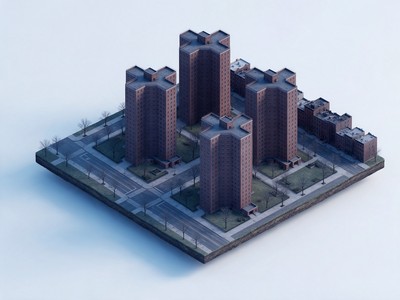 Chelsea: brick public-housing towers, all windows dark
