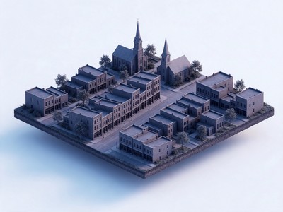 Mount Vernon: small downtown with church steeples, all windows dark