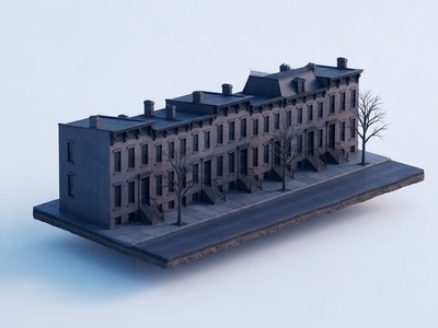 Troy: historic brick rowhouses, all windows dark