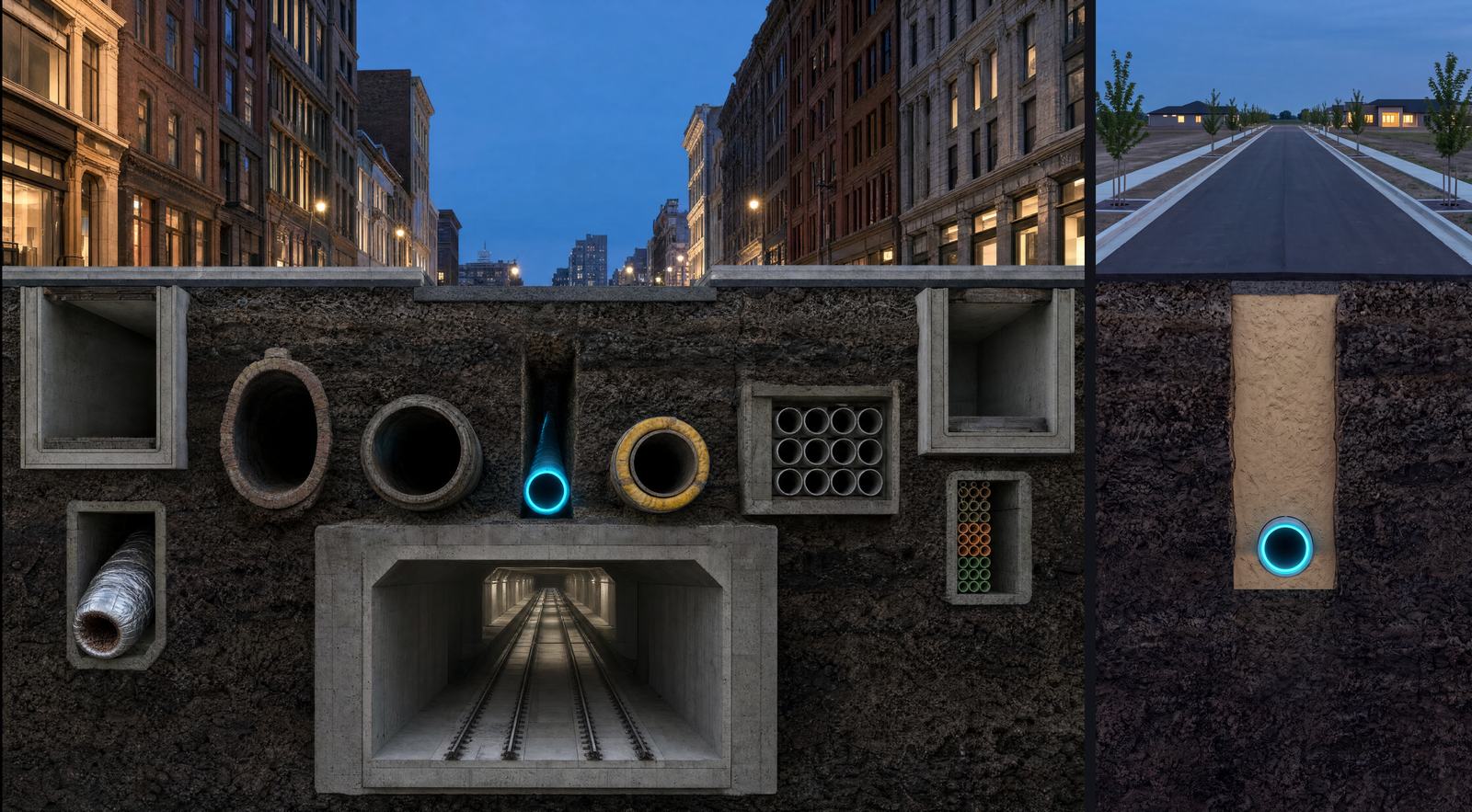 Street cross sections at dusk. Left: under an old downtown street the ground is packed with pipes, conduits, a duct bank and a subway box, and a glowing cyan main squeezes into a narrow slot. Right: under a new street, one clean trench holds the cyan main.