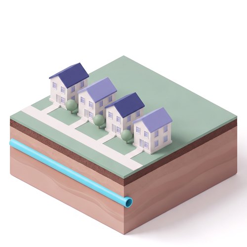 Emblem: a row of four small homes on one sidewalk, on a soil slab with the shared pipe below ground.
