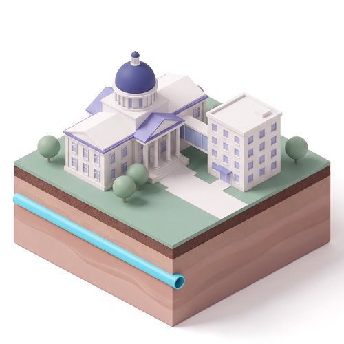 Emblem: a domed state capitol linked by a skybridge to a smaller agency office building, on a soil slab with the shared heat pipe below ground.