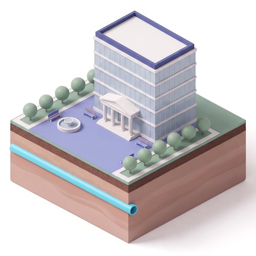 Emblem: a glass office building with a columned public portico and a plaza with a fountain, on a soil slab with the shared heat pipe below ground.