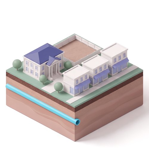 Emblem: a small civic building beside a row of new storefront buildings, on a soil slab with the shared heat pipe below ground.