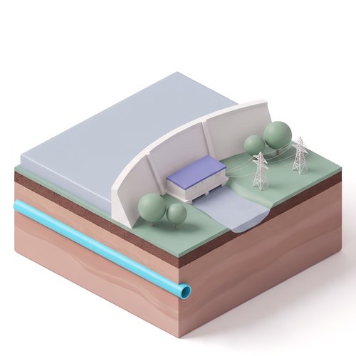 Emblem: a curved dam with a reservoir, a powerhouse and two transmission towers, on a soil slab with the shared pipe below ground.