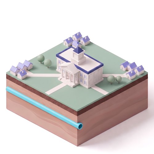 Emblem: one civic building linked by paths to three small town clusters, on a soil slab with the shared heat pipe below ground.