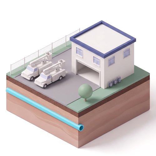 Emblem: a utility service yard with an operations building and two bucket trucks, on a soil slab with the shared pipe below ground.