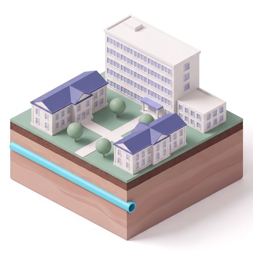 Emblem: a campus of a tall hospital block and two college halls around a quad, on a soil slab with the shared pipe below ground.