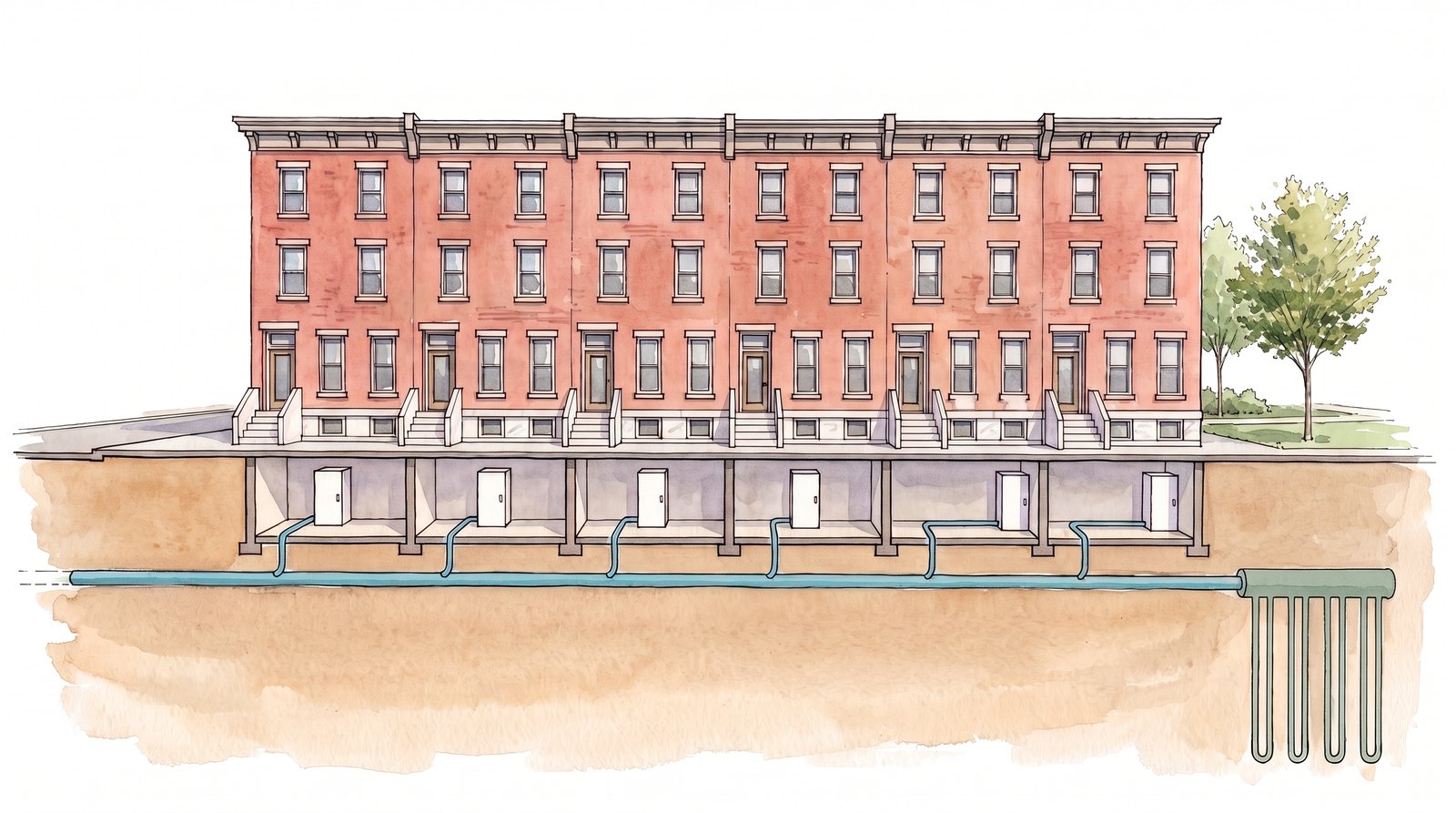 Watercolor section of a row of red-brick rowhouses with marble steps. Each basement has a heat pump, joined by one straight pipe deep below ground to a small well field at the end of the block.