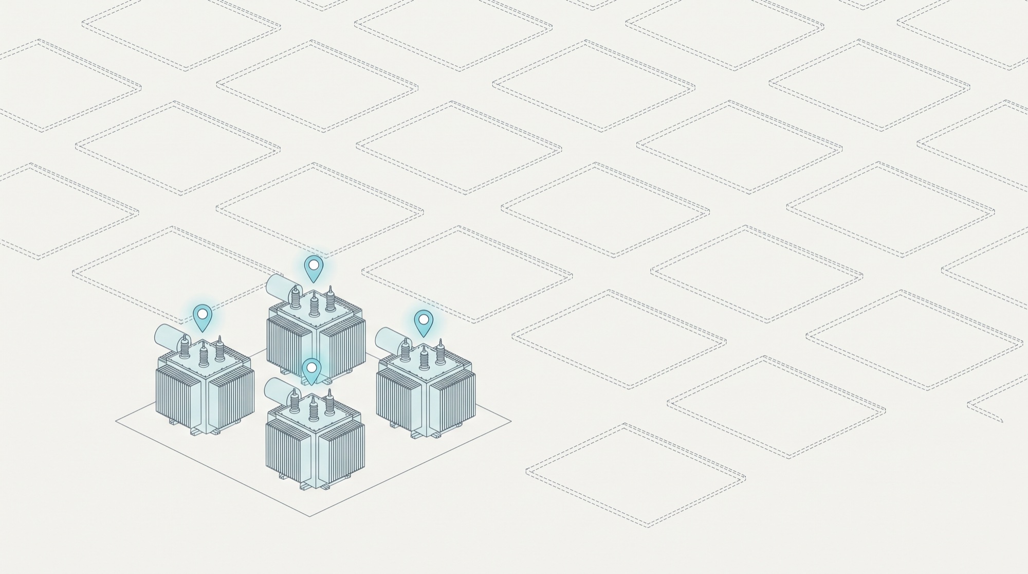 An aerial view of a grid of concrete pads. A handful carry fully drawn transformers. The great majority carry only faint broken outlines of transformers that were requested but never built.