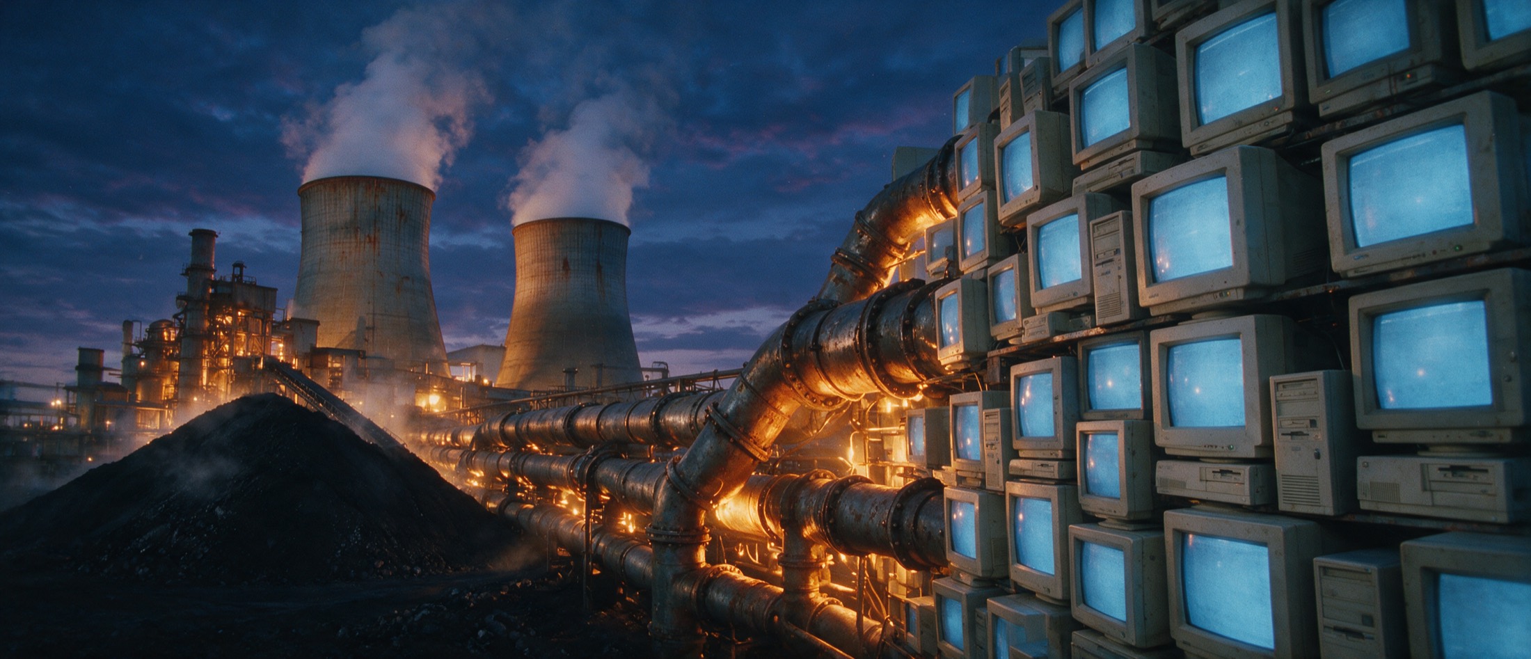 A coal-fired power station and coal stockpile with glowing industrial conduits running directly out of it into the backs of a dense wall of beige 1990s CRT monitors.