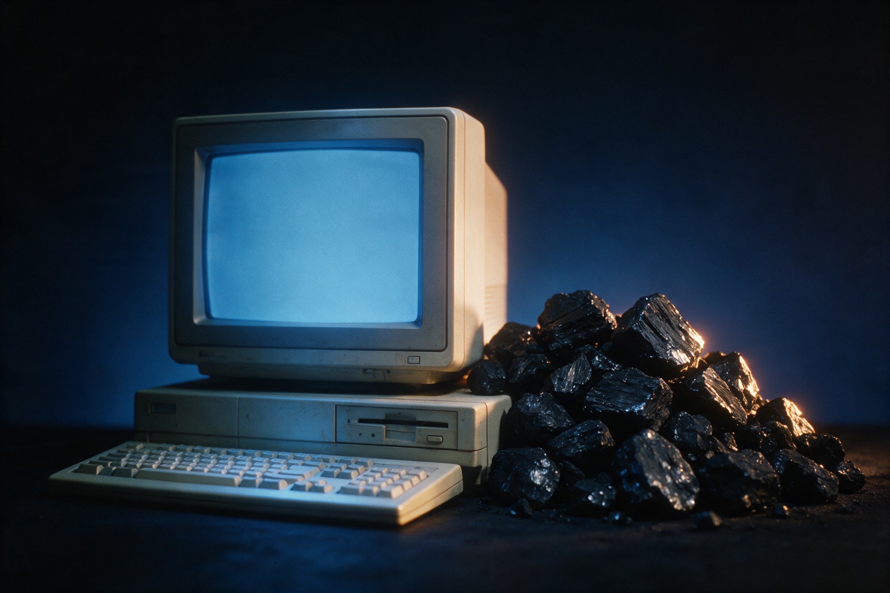 A beige 1990s desktop computer with a blank glowing screen beside a heap of black coal.