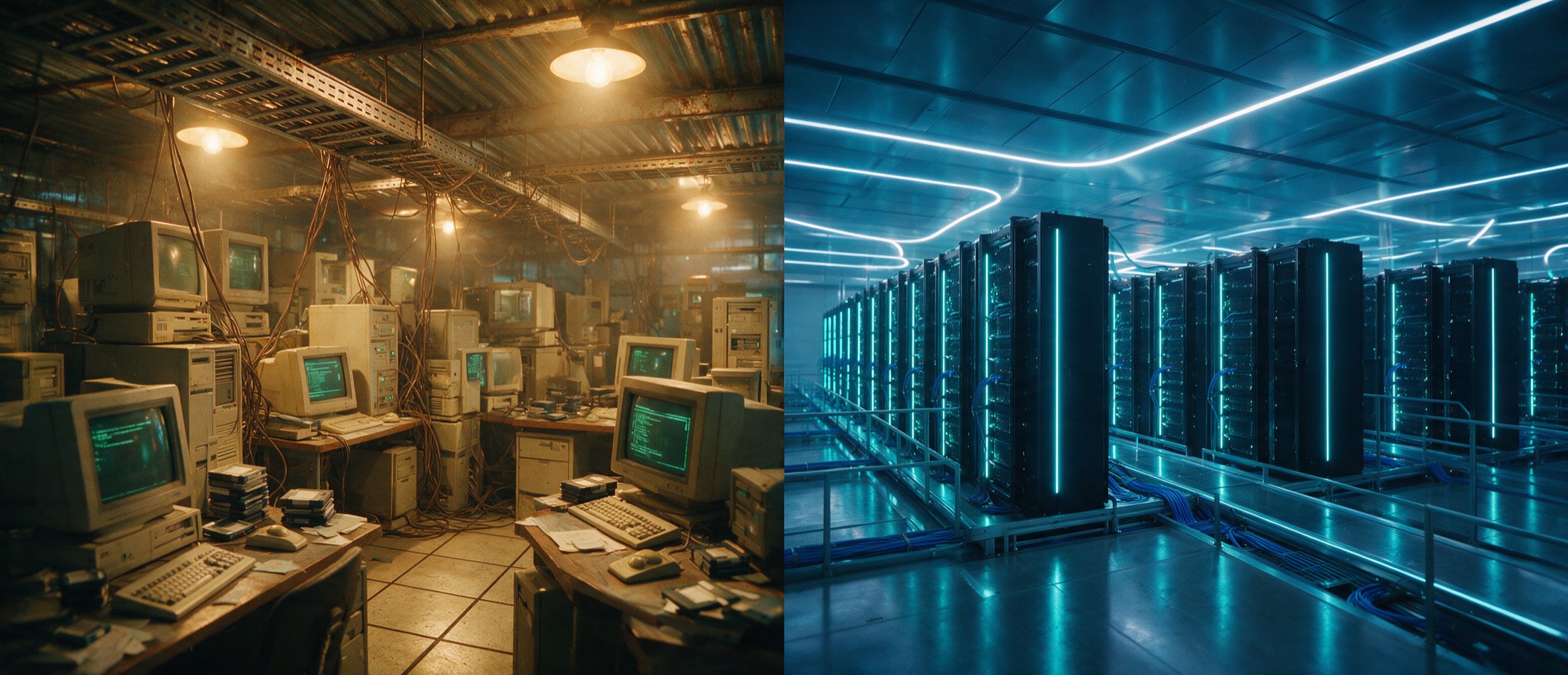 Split image: a 1990s computer room in warm amber light on the left, a modern cyan-lit data hall on the right.
